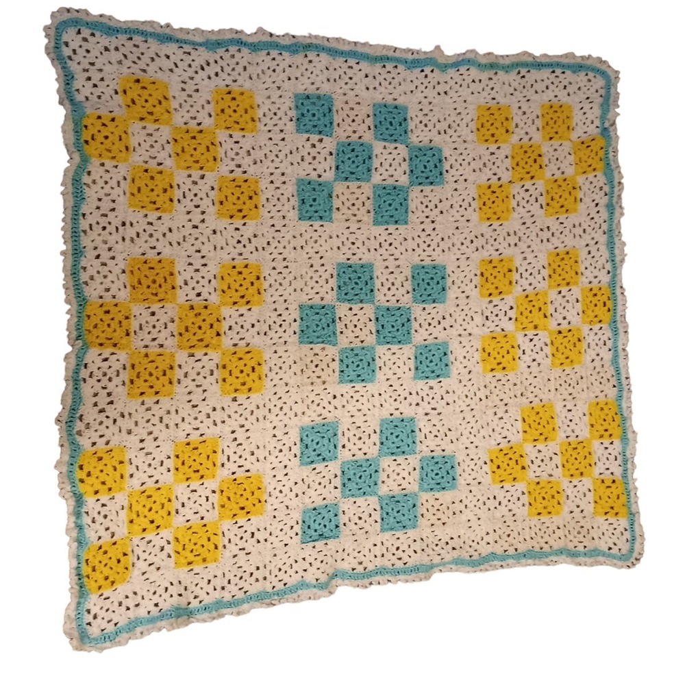 Granny Square Crocheted Baby Nursery Lap Blanket Blue White Yellow 34"x32"